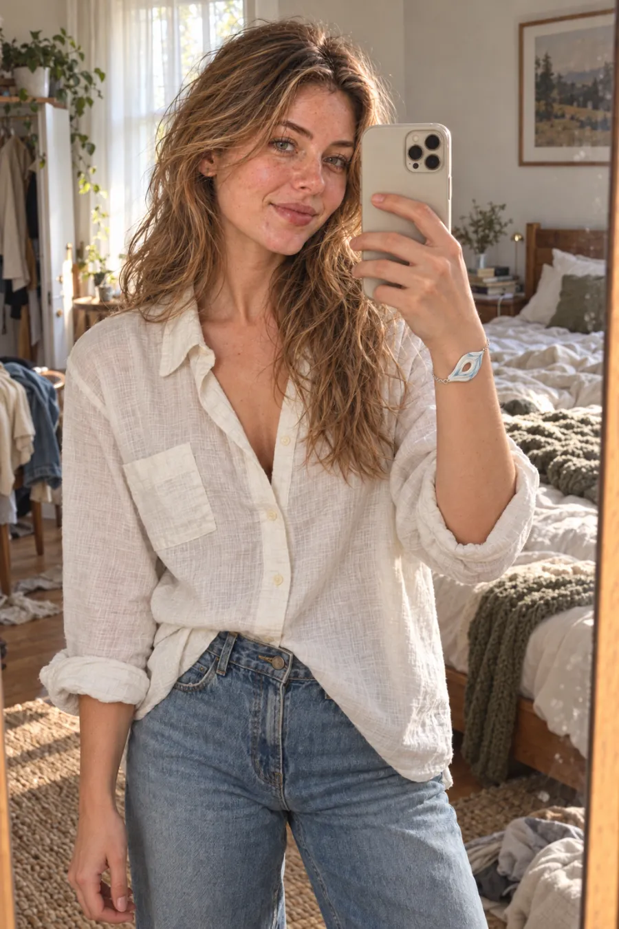 Woman taking a mirror photo, wearing a pale feather bracelet