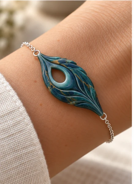Peacock-feather bracelet on a wrist