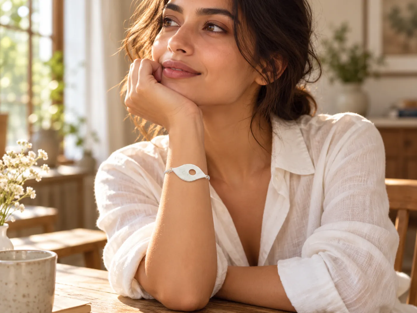 Woman smiling and looking out of a sunlit window, wearing an ivory leaf bracelet