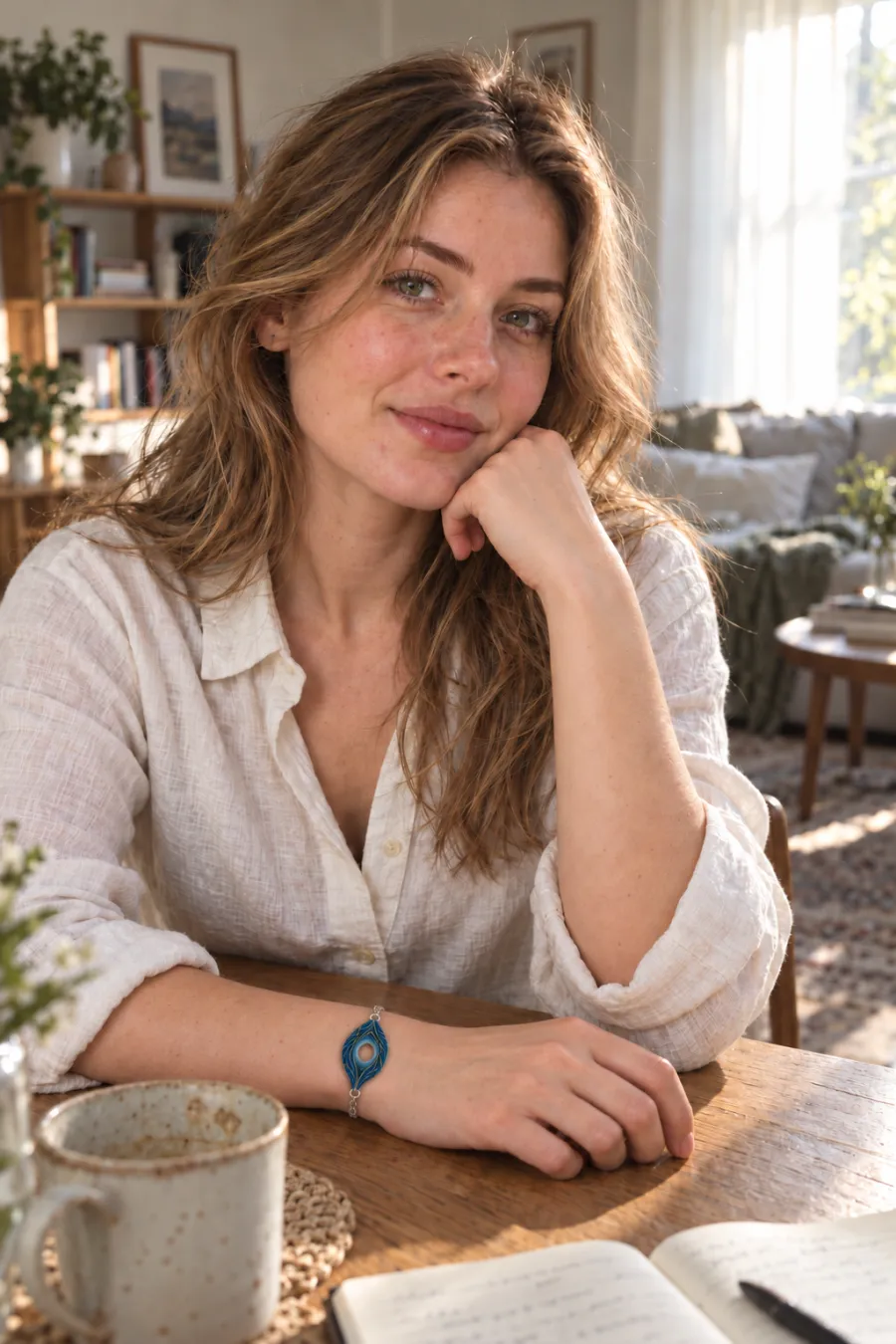 Woman resting her chin on her hand at a wooden table, wearing the teal peacock bracelet